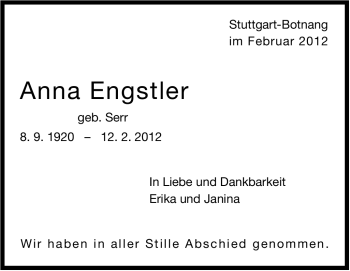 Traueranzeige von Anna Engstler von Stuttgarter Zeitung / Stuttgarter Nachrichten