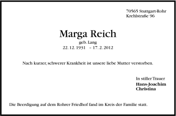 Traueranzeige von Marga Reich von Stuttgarter Zeitung / Stuttgarter Nachrichten