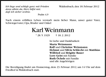 Traueranzeige von Karl Weinmann von Stuttgarter Zeitung / Stuttgarter Nachrichten
