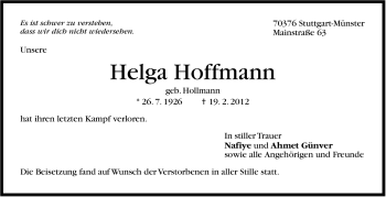 Traueranzeige von Helga Hoffmann von Stuttgarter Zeitung / Stuttgarter Nachrichten