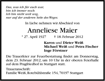 Traueranzeige von Anneliese Maier von Stuttgarter Zeitung / Stuttgarter Nachrichten