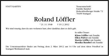 Traueranzeige von Roland Löffler von Stuttgarter Zeitung / Stuttgarter Nachrichten