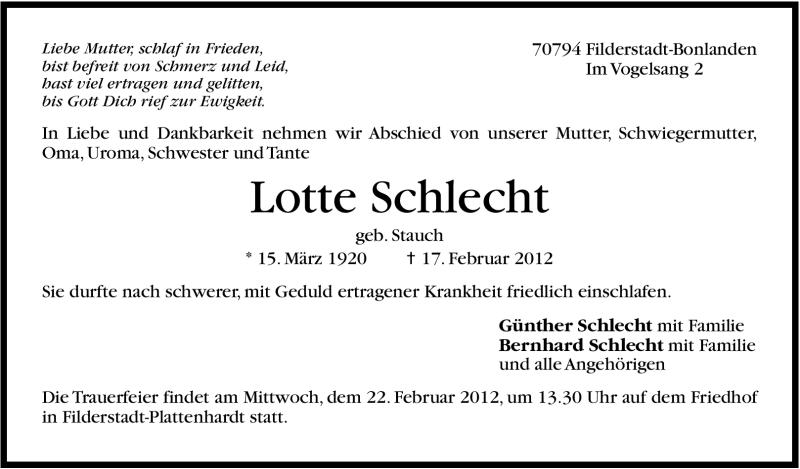  Traueranzeige für Lotte Schlecht vom 20.02.2012 aus Stuttgarter Zeitung / Stuttgarter Nachrichten
