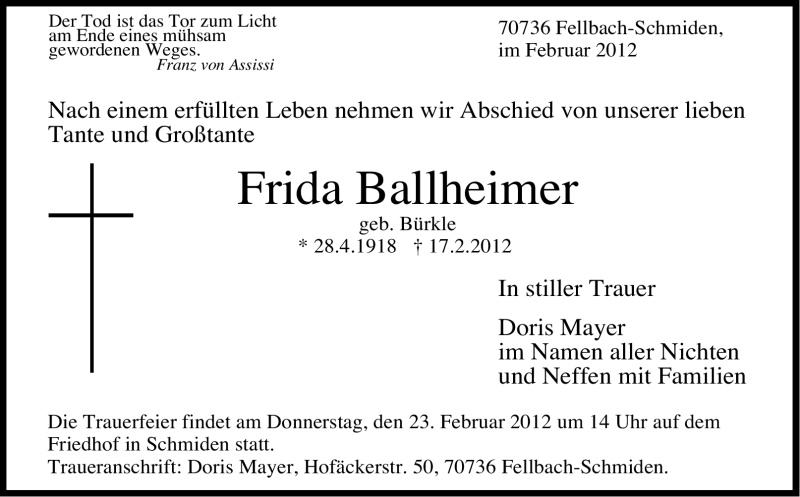  Traueranzeige für Frida Ballheimer vom 20.02.2012 aus Stuttgarter Zeitung / Stuttgarter Nachrichten