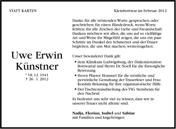 Traueranzeige von Uwe Erwin Künstner von Stuttgarter Zeitung / Stuttgarter Nachrichten