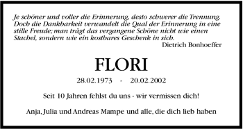 Traueranzeige von Flori  von Stuttgarter Zeitung / Stuttgarter Nachrichten