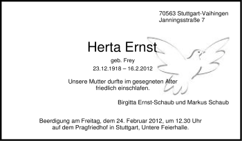 Traueranzeige von Herta Ernst von Stuttgarter Zeitung / Stuttgarter Nachrichten