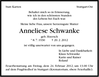 Traueranzeige von Anneliese Schwanke von Stuttgarter Zeitung / Stuttgarter Nachrichten