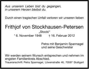 Traueranzeige von Frithjof von Stockhausen-Petersen von Stuttgarter Zeitung / Stuttgarter Nachrichten
