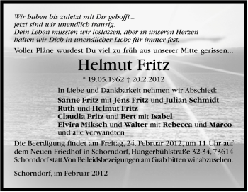 Traueranzeige von Helmut Fritz von Stuttgarter Zeitung / Stuttgarter Nachrichten