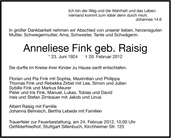 Traueranzeige von Anneliese Fink von Stuttgarter Zeitung / Stuttgarter Nachrichten