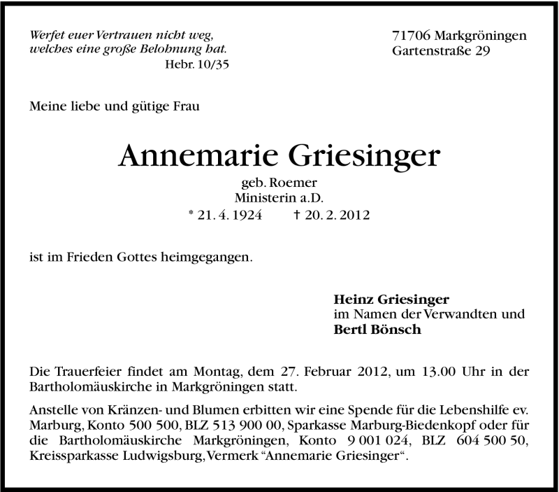  Traueranzeige für Annemarie Griesinger vom 23.02.2012 aus Stuttgarter Zeitung / Stuttgarter Nachrichten