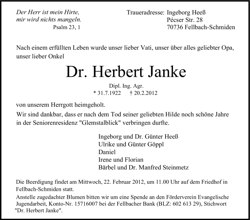  Traueranzeige für Herbert Janke vom 21.02.2012 aus Stuttgarter Zeitung / Stuttgarter Nachrichten