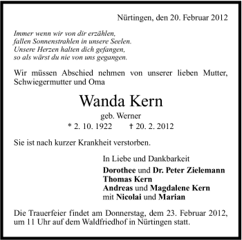 Traueranzeige von Wanda Kern von Stuttgarter Zeitung / Stuttgarter Nachrichten