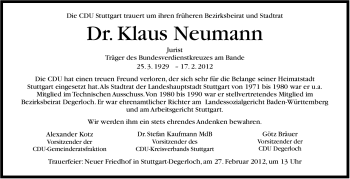 Traueranzeige von Klaus Neumann von Stuttgarter Zeitung / Stuttgarter Nachrichten