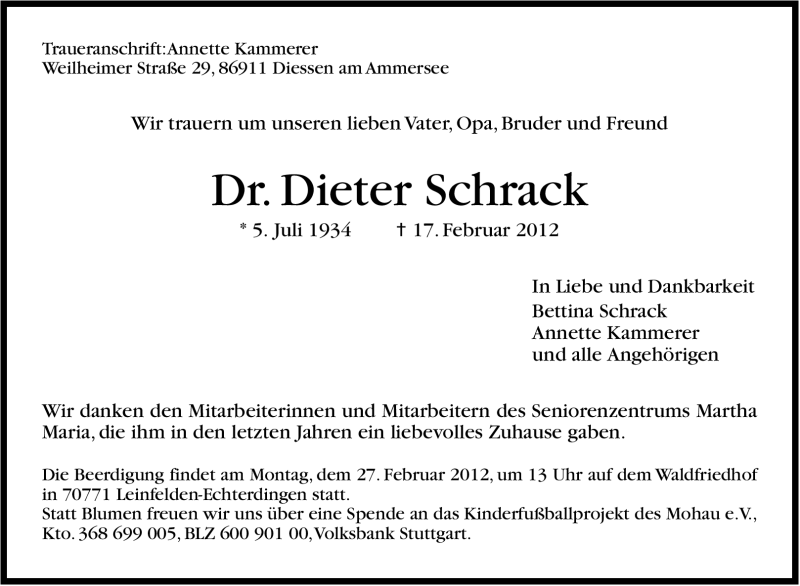 Traueranzeige für Dieter Schrack vom 22.02.2012 aus Stuttgarter Zeitung / Stuttgarter Nachrichten