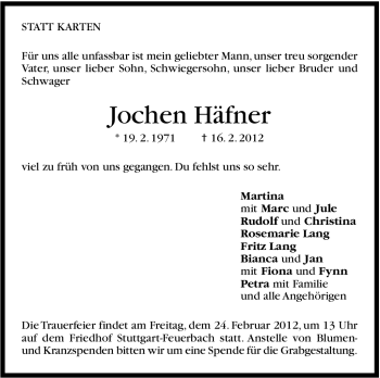 Traueranzeige von Jochen Häfner von Stuttgarter Zeitung / Stuttgarter Nachrichten