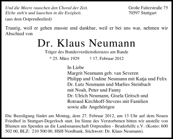 Traueranzeige von Klaus Neumann von Stuttgarter Zeitung / Stuttgarter Nachrichten