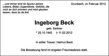 Traueranzeige von Ingeborg Beck von Stuttgarter Zeitung / Stuttgarter Nachrichten