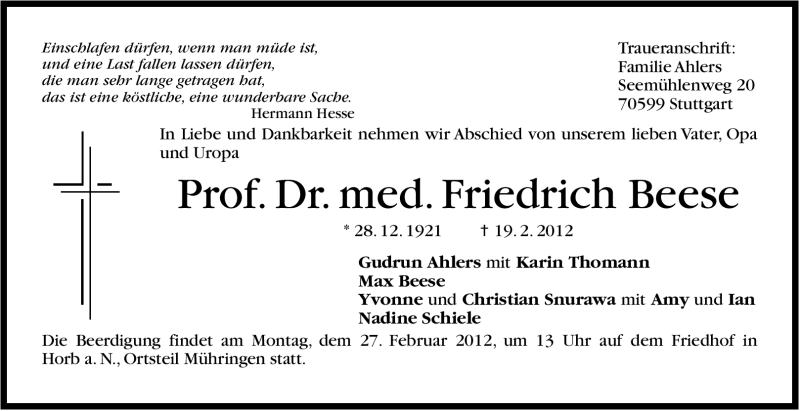  Traueranzeige für Beese Friedrich vom 22.02.2012 aus Stuttgarter Zeitung / Stuttgarter Nachrichten