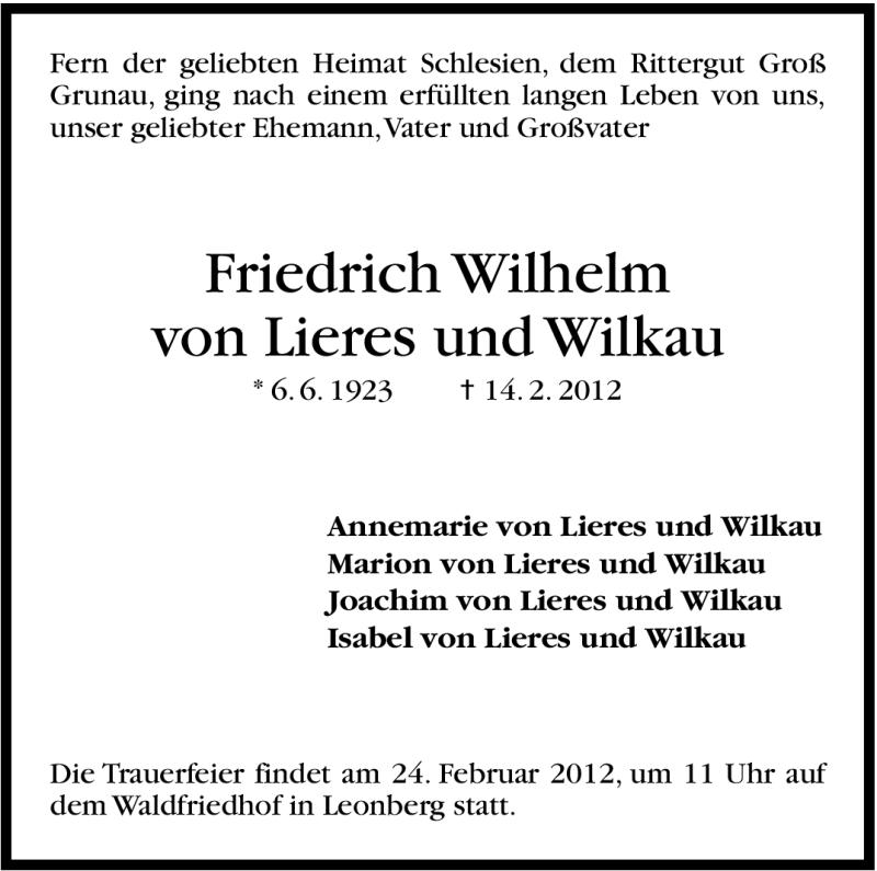  Traueranzeige für Friedrich Wilhelm von Lieres und Wilkau vom 22.02.2012 aus Leonberger Kreiszeitung / Strohgäu Extra