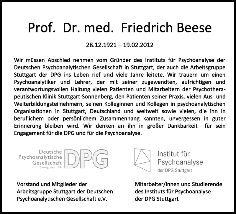  Traueranzeige für Friedrich Beese vom 22.02.2012 aus Stuttgarter Zeitung / Stuttgarter Nachrichten