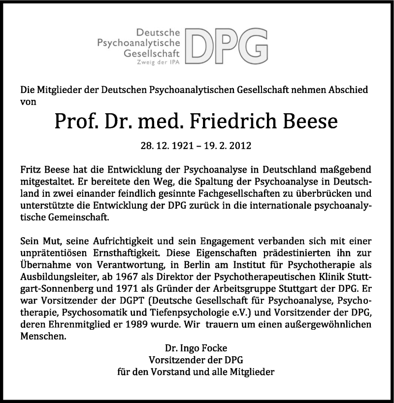  Traueranzeige für Friedrich Beese vom 22.02.2012 aus Stuttgarter Zeitung / Stuttgarter Nachrichten