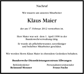 Traueranzeige von Klaus Maier von Stuttgarter Zeitung / Stuttgarter Nachrichten