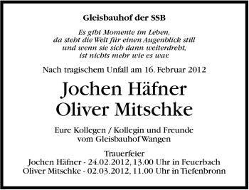 Traueranzeige von Gleisbauhof Wangen trauern von Stuttgarter Zeitung / Stuttgarter Nachrichten