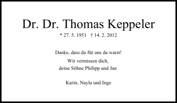 Traueranzeige von Thomas Keppeler von Stuttgarter Zeitung / Stuttgarter Nachrichten