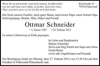 Traueranzeige von Ottmar Schneider von Stuttgarter Zeitung / Stuttgarter Nachrichten