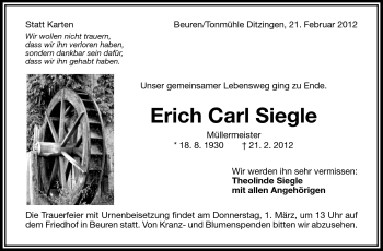 Traueranzeige von Erich Carl Siegle von Stuttgarter Zeitung / Stuttgarter Nachrichten