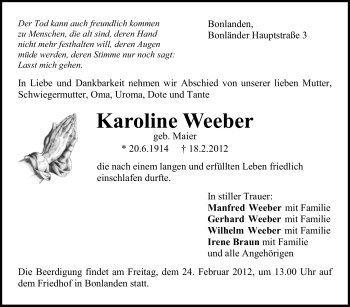 Traueranzeige von Karoline Weeber von Stuttgarter Zeitung / Stuttgarter Nachrichten