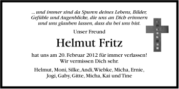 Traueranzeige von Helmut Fritz von Stuttgarter Zeitung / Stuttgarter Nachrichten