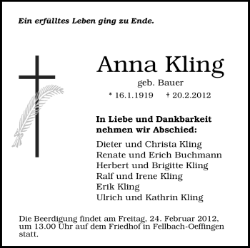 Traueranzeige von Anna Kling von Stuttgarter Zeitung / Stuttgarter Nachrichten