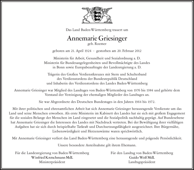  Traueranzeige für Annemarie Griesinger vom 23.02.2012 aus Stuttgarter Zeitung / Stuttgarter Nachrichten