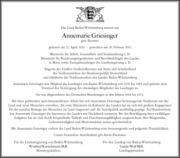 Traueranzeige von Annemarie Griesinger von Stuttgarter Zeitung / Stuttgarter Nachrichten