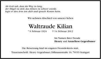 Traueranzeige von Waltraude Kilian von Stuttgarter Zeitung / Stuttgarter Nachrichten