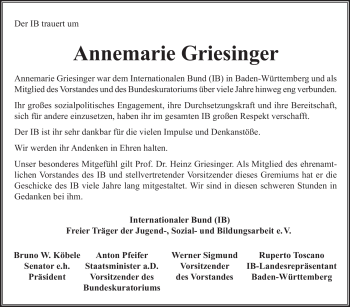 Traueranzeige von Annemarie Griesinger von Stuttgarter Zeitung / Stuttgarter Nachrichten