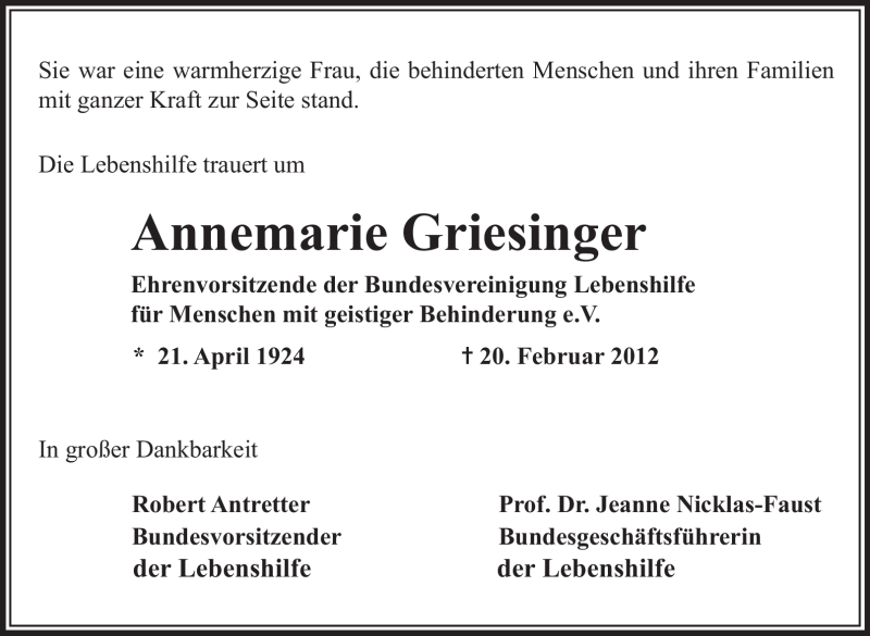  Traueranzeige für Annemarie Griesinger vom 23.02.2012 aus Stuttgarter Zeitung / Stuttgarter Nachrichten
