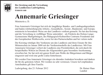 Traueranzeige von Annemarie Griesinger von Stuttgarter Zeitung / Stuttgarter Nachrichten