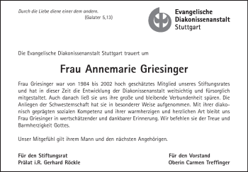 Traueranzeige von Annemarie Griesinger von Stuttgarter Zeitung / Stuttgarter Nachrichten