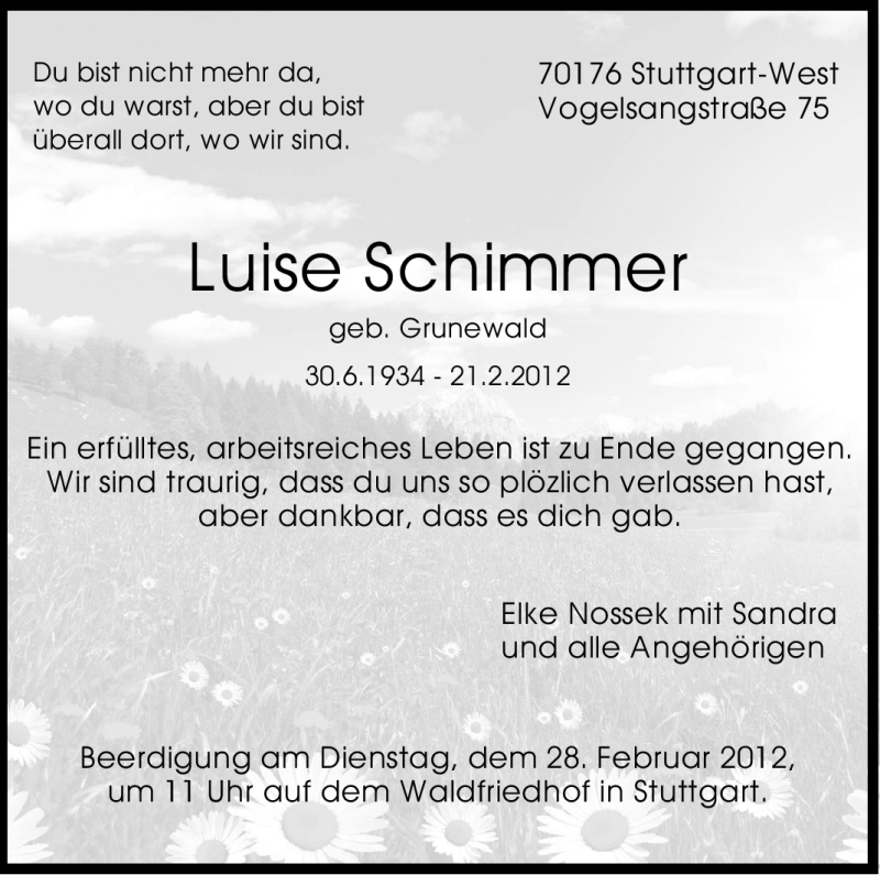  Traueranzeige für Luise Schimmer vom 24.02.2012 aus Stuttgarter Zeitung / Stuttgarter Nachrichten