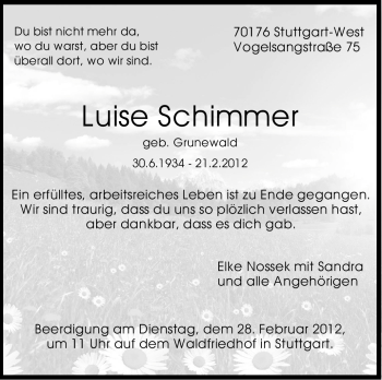 Traueranzeige von Luise Schimmer von Stuttgarter Zeitung / Stuttgarter Nachrichten