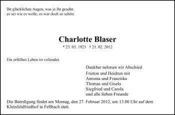 Traueranzeige von Charlotta Blaser von Stuttgarter Zeitung / Stuttgarter Nachrichten