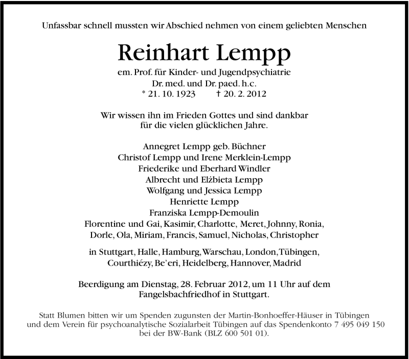  Traueranzeige für Reinhart Lempp vom 25.02.2012 aus Stuttgarter Zeitung / Stuttgarter Nachrichten