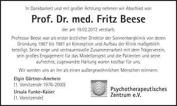 Traueranzeige von Fritz Beese von Stuttgarter Zeitung / Stuttgarter Nachrichten