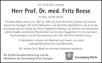 Traueranzeige von Fritz Beese von Stuttgarter Zeitung / Stuttgarter Nachrichten