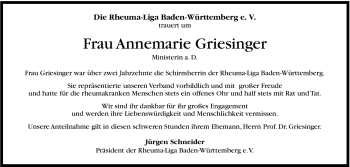 Traueranzeige von Annemarie Griesinger von Stuttgarter Zeitung / Stuttgarter Nachrichten