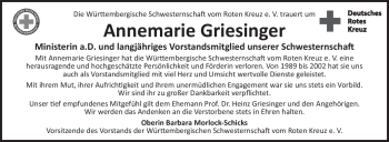 Traueranzeige von Annemarie Griesinger von Stuttgarter Zeitung / Stuttgarter Nachrichten